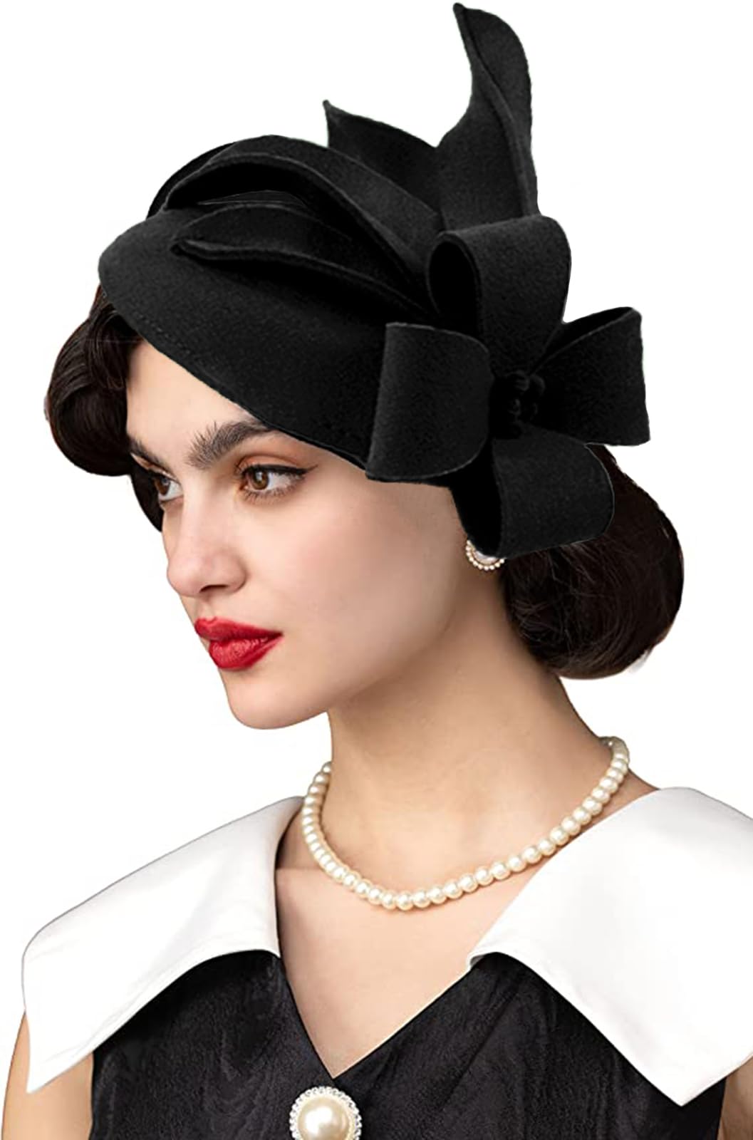 RZTA Women's Vintage 100% Wool Felt Cloche Bucket Bowler Hat Winter Vintage Bow Fedoras Church Fascinator