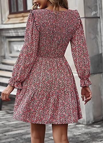 Image of KIRUNDO Long Sleeve Dress for Women 2025 Summer Fall Wedding Guest Smocked Floral Crewneck Ruffle A Line Flowy Mini Dress