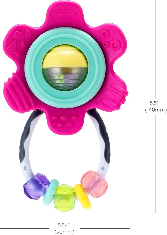 Infantino Spin & Teethe Gummy Pink Flower Rattle - Easy to Grab, Chewy Rings, Multi-Texutre Petals, Roller Ball Center - Teething & Sensory Play, Ages 0 Months +