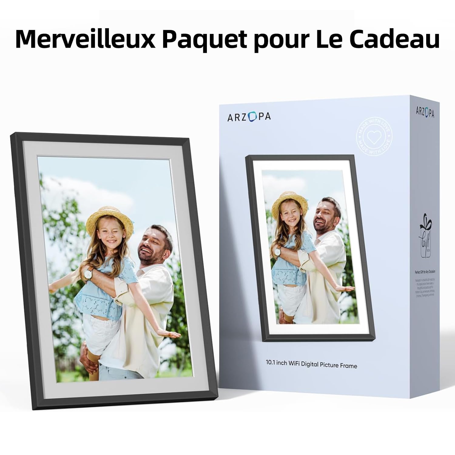 ARZOPA Cadre Photo Numérique 10,1 Pouces HD IPS Écran Tactile Cadre Numérique Photo Connecté WiFi Rotation Auto avec 32GB Partager Photos Vidéos Musique Via Frameo APP Horloge Météo