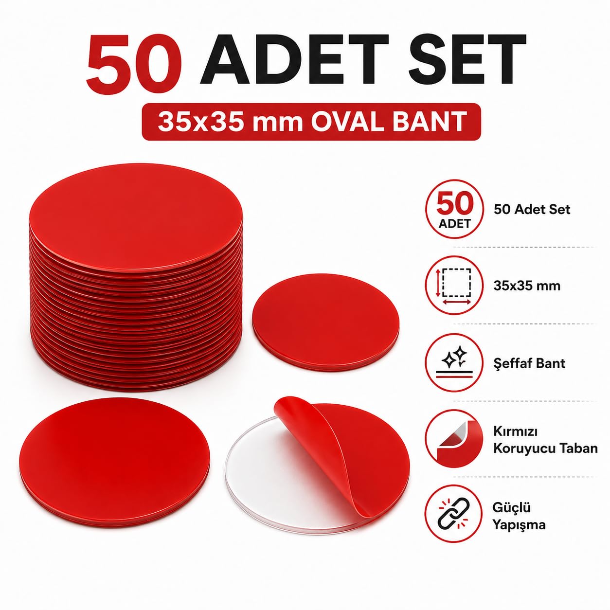 Alper Banyo 50 Adet 35x35 mm Oval Şeffaf Yapışkan Bant, Kırmızı Koruyucu Filmli Güçlü Montaj Pedi, Çift Taraflı İz Bırakmayan Çok Amaçlı Yapışkan Ped