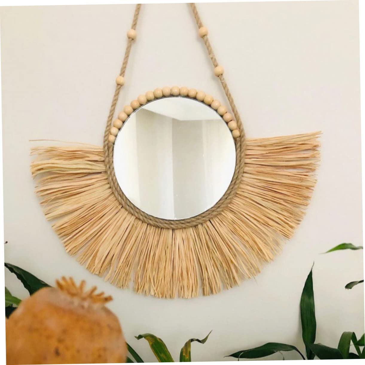 LIFKOME Handgefertigter Runder Wandspiegel mit Bastdesign, Beige, Dekorativ