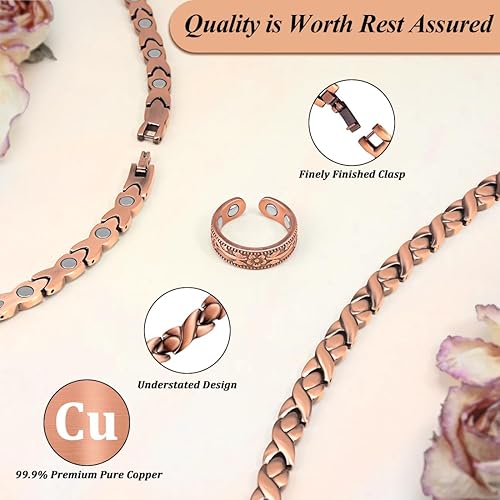 Miniatura 7 de Vicmag Collar magnético de cobre para mujeres y hombres, alivio de la migraña, imanes ultra fuertes, collar de anillo de cobre puro 99.9% sólido