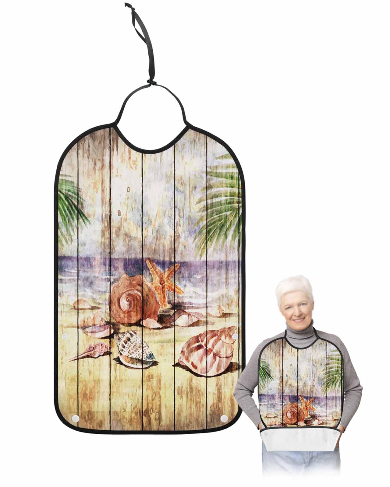 LEOKOTI Vintage Coastal Adult Bibs for Eating, Waterproof Bibs with Food Catcher & Adjustable Snap Closure, Seaside Nautical Shell Retro Wooden Washable Clothing Protectors Adult Bibs for Elderly