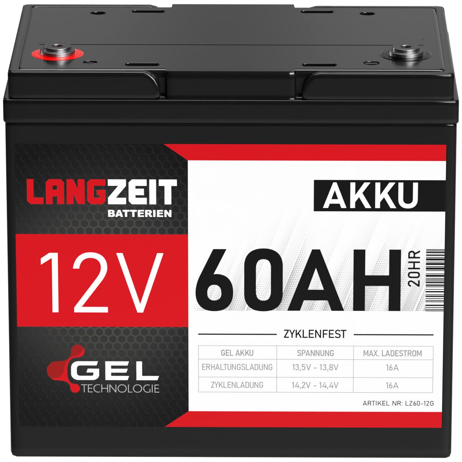 LANGZEIT Akku 12V 60Ah Gel Batterie Blei-Akku Solar USV ersetzt 50Ah 55Ah