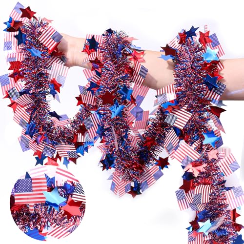 Image of 50FT Patriotic Tinsel Garland 4th of July Decorations, Red White Blue Star American Flag Garland Glitter Patriotic Garland for Fourth July Independence Day Memorial Day Decor Outdoor Indoor Home Party