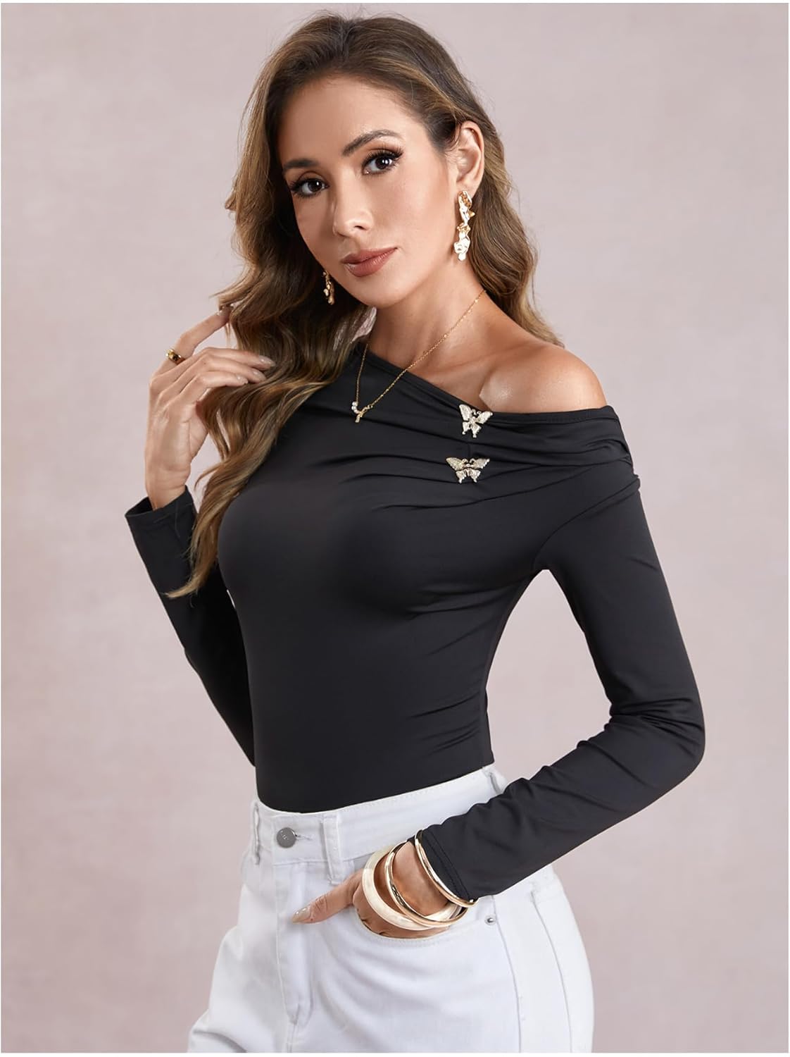 GORGLITTER Women's One Shoulder Long Sleeve Tops Dressy Casual Fall Asymmetrical Neck Butterfly Fitted Going Out Tops - Image 6
