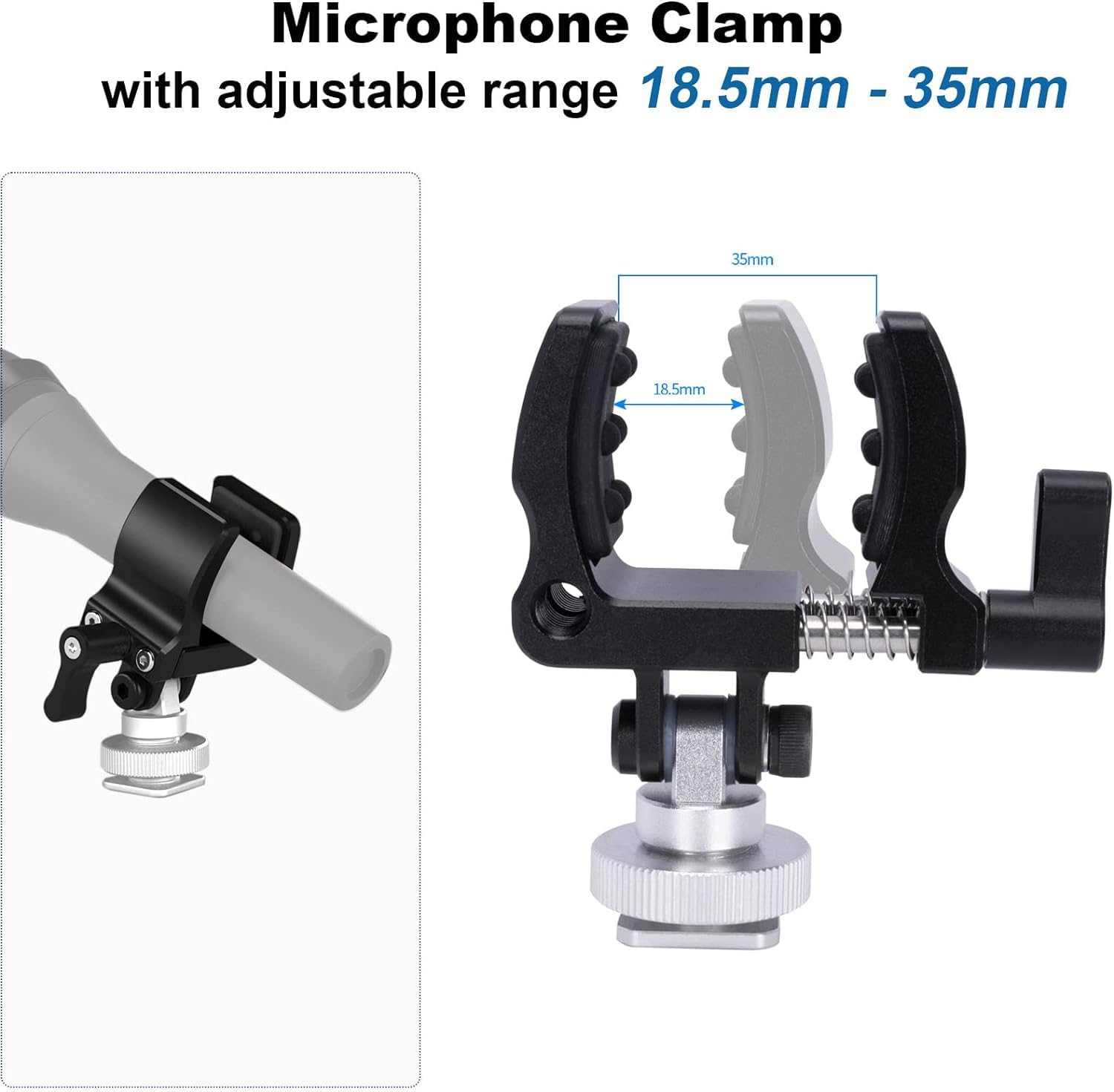 NICEYRIG Clip de Microphone avec mâchoire Qui s'ouvre de 18,5 à 35 mm, matériau en Alliage d'aluminium et Acier Inoxydable, Tampon Anti-Chocs en Silicone et Griffe inférieure et Trou fileté 1/4-549
