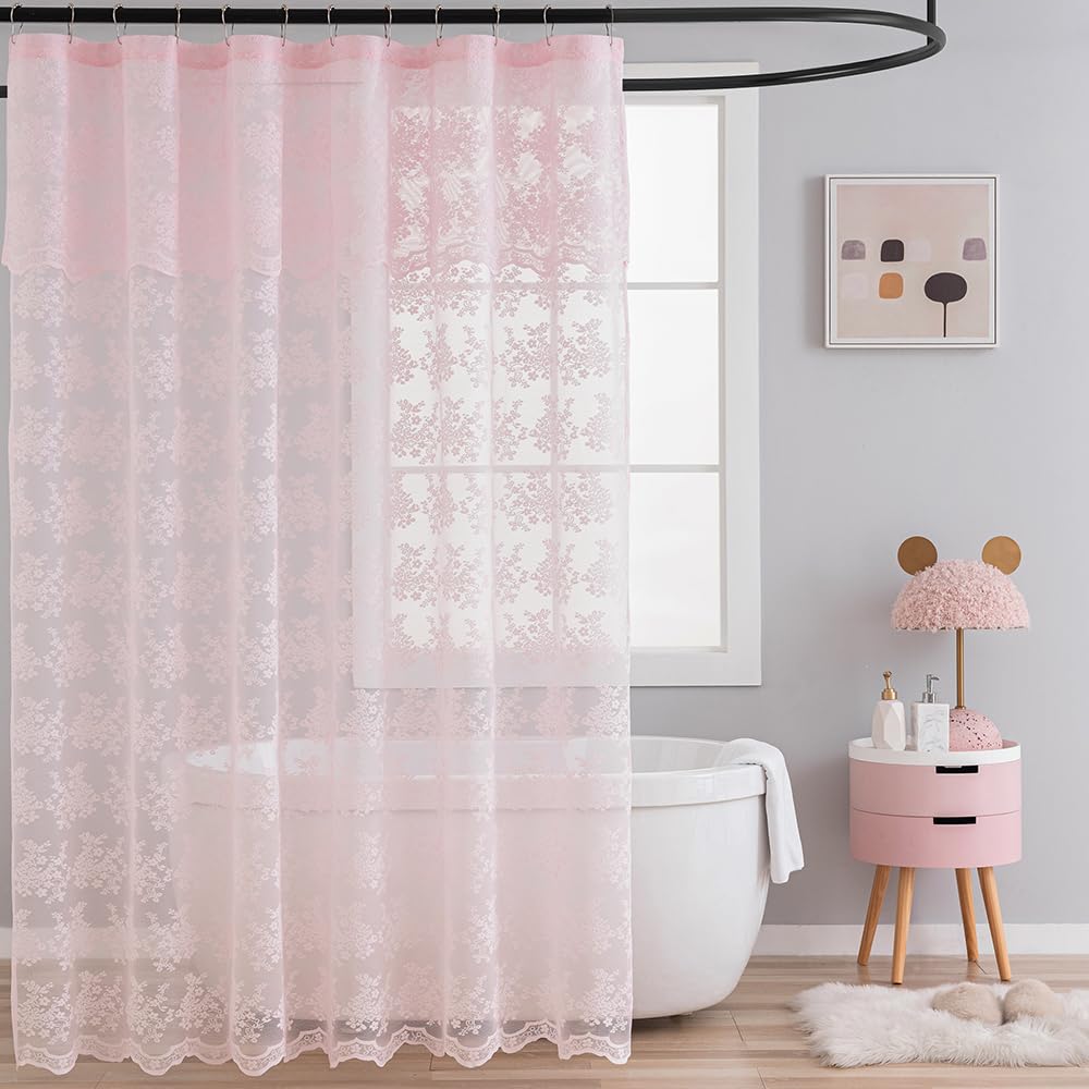 TUDECO Pink Shower Curtain - Shabby Chic Lace Girly Cute Valentines Shower Curtain with Attach Valance, Sheer Vintage Coquette Floral Aesthetic Decor, Scalloped Edge, 72 x 72 Inch, Light Pink
