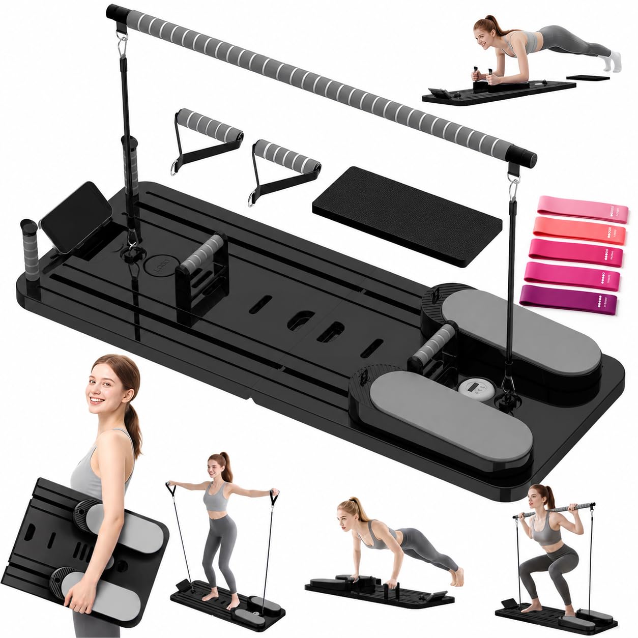 Pilates Board Für Zuhause(inkl. 5er-Set Widerstandsbänder) Faltbares Multifunktionales Reformer Board, Extra Stabile Konstruktion Mit Automatischem Rückprall, für Kern- und Bauchmuskeltraining