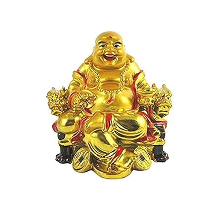 REBUY Polyresin Laughing Buddha On Chair with Ingot Showpiece Statue for Good Luck Prosperity Health Wealth Happiness Success Home Decor (9 cm X 7 cm) Pack of 4