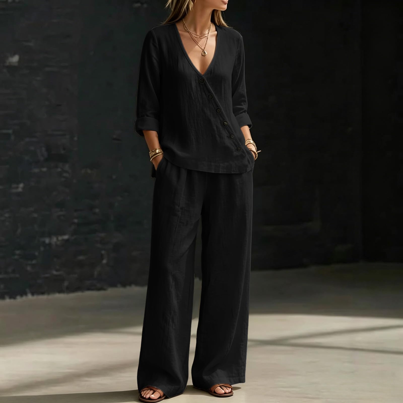 Completo Donna Elegante Lino Estiva Due Pezzi Tuta Completa Taglie Forti Tuta Tinta Unita 3/4 Blusa e Pantaloni Gamba Larga con Tasche Casual Completi Comodo Morbido Camicia Scollo a V Eleganti