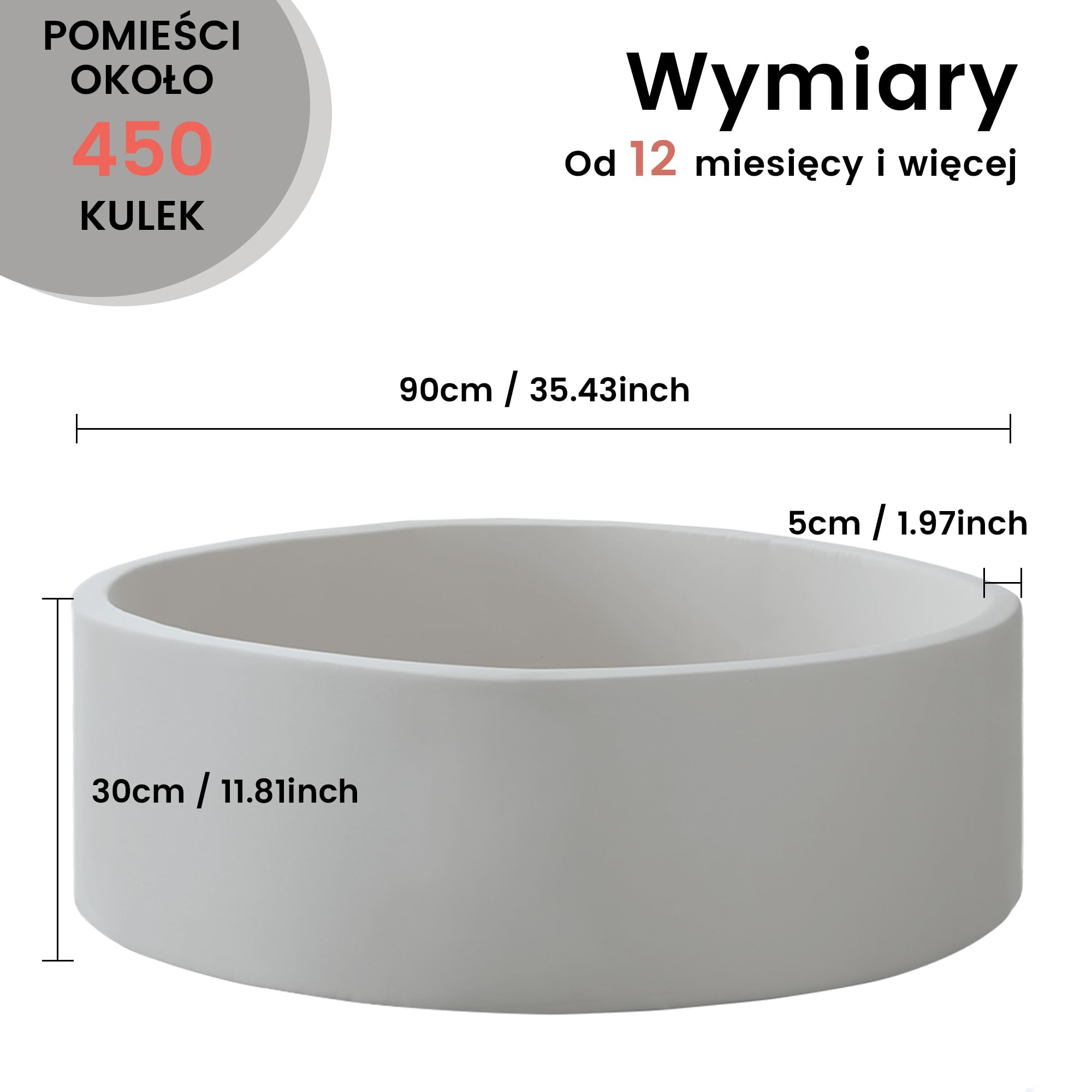 Zedachica Bällebad Baby 90Cmx30Cm Schaumstoff Rund Bällebad Kinder Baby ab 1 Jahr für Innen und Außenbereich Mädchen und Jungen, (Grau, Ohne Bälle)