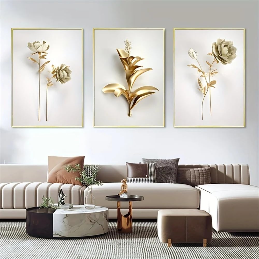 WUHBCZ Wall Posters-Abstract Golden Flower Luxury Picture Canvas Painting Wall Art Poster Suitable for Nordic Art Living Room Kitchen Office Home Decoration-40 * 50cm/3PCS (No Frame)