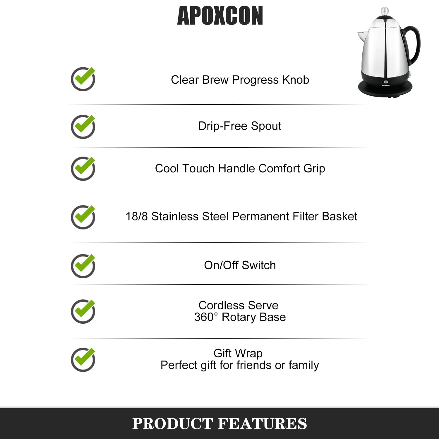 Cafetera eléctrica de acero inoxidable APOXCON 10 tazas inalámbrica