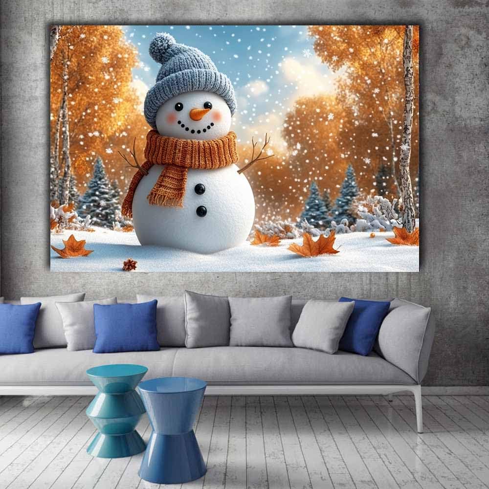 QUSAAOU Bilder Auf Leinwand Schneemann mit orangefarbenem Schal im Herbst Moderne Wandkunst In Schlafzimmern,Badezimmern Und Wohnzimmerfluren – Kunst – Natur(Orange)-30x45cm Gerahmt