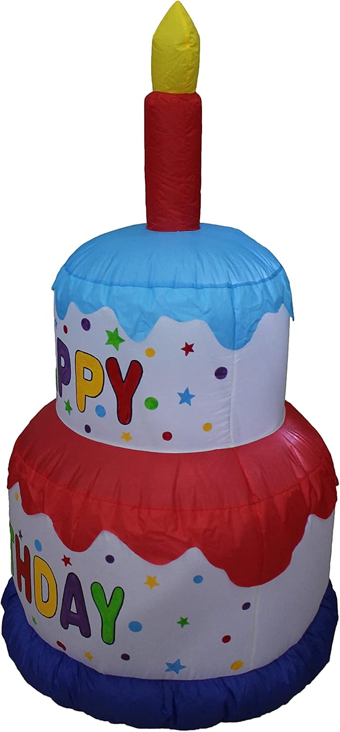 4 Foot Tall Happy Birthday Cake Inflatable with Candle LED Lights Lighted Blowup Party Decoration for Outdoor Indoor Home Celebration Garden Yard Prop