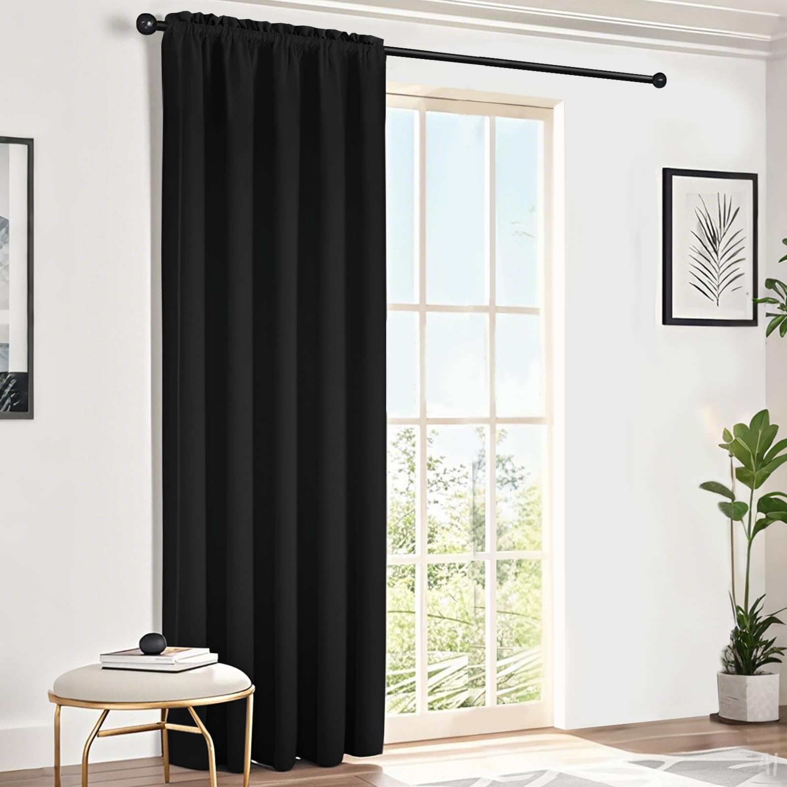 Black Blackout Curtains, Thermal Curtains 63 Inch Drop Slot Top Curtains, Single Curtain for Door Doorway Window Living Room Bedroom, 1 Panel
