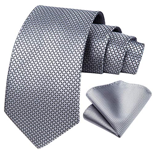 Hisdern Silver Ties For Men Plaid Checkered Tie With Pocket Square Woven Business Formal Necktie Handkerchief Set Wedding Party #TOP1
