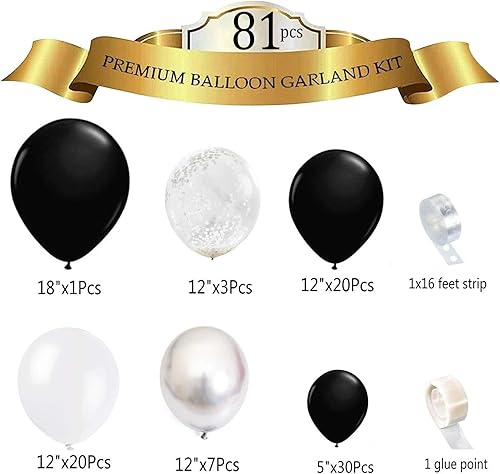Kit de arco de guirnalda de globos, confeti metálico, cromado, plateado, globos blancos y negros, 82 piezas para cuenta regresiva, cumpleaños, Año