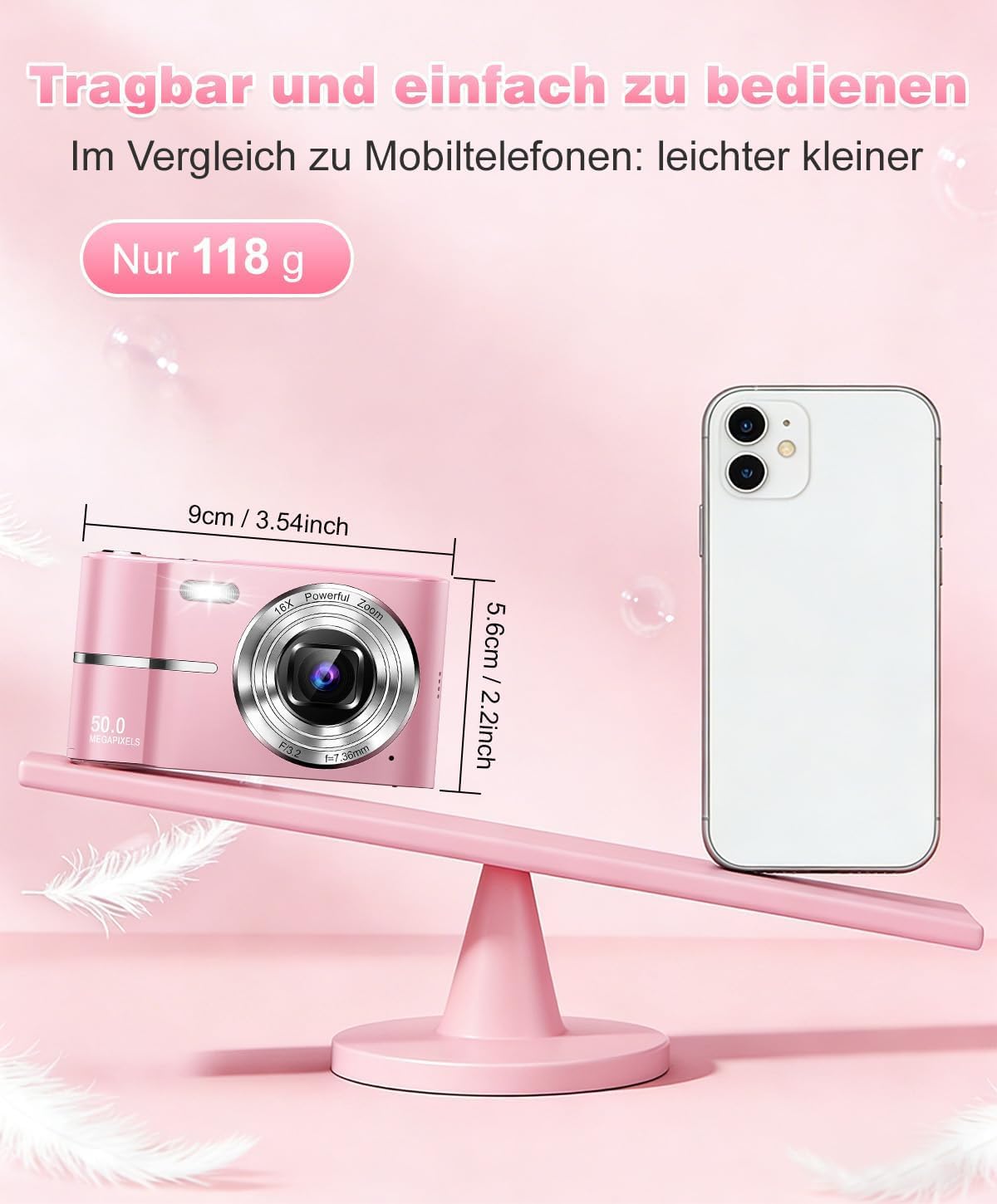 Digitalkamera 50MP Fotokamera 1080P Videokamera mit 16X Digitalzoom, 2,4" Bildschirm Vlogging Kamera Fotoapparat Mini Kompaktkamera für Kinder Teenager, 16G Karte (Rosa)