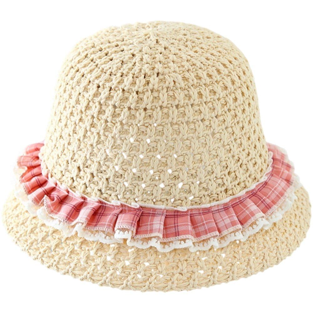 Sslvya Ruffles Lace Trim Straw Hat Summer Bucket Hat Fashionable Floppy Sun Cap for Holiday Outdoor Beach Tea Party Headwear