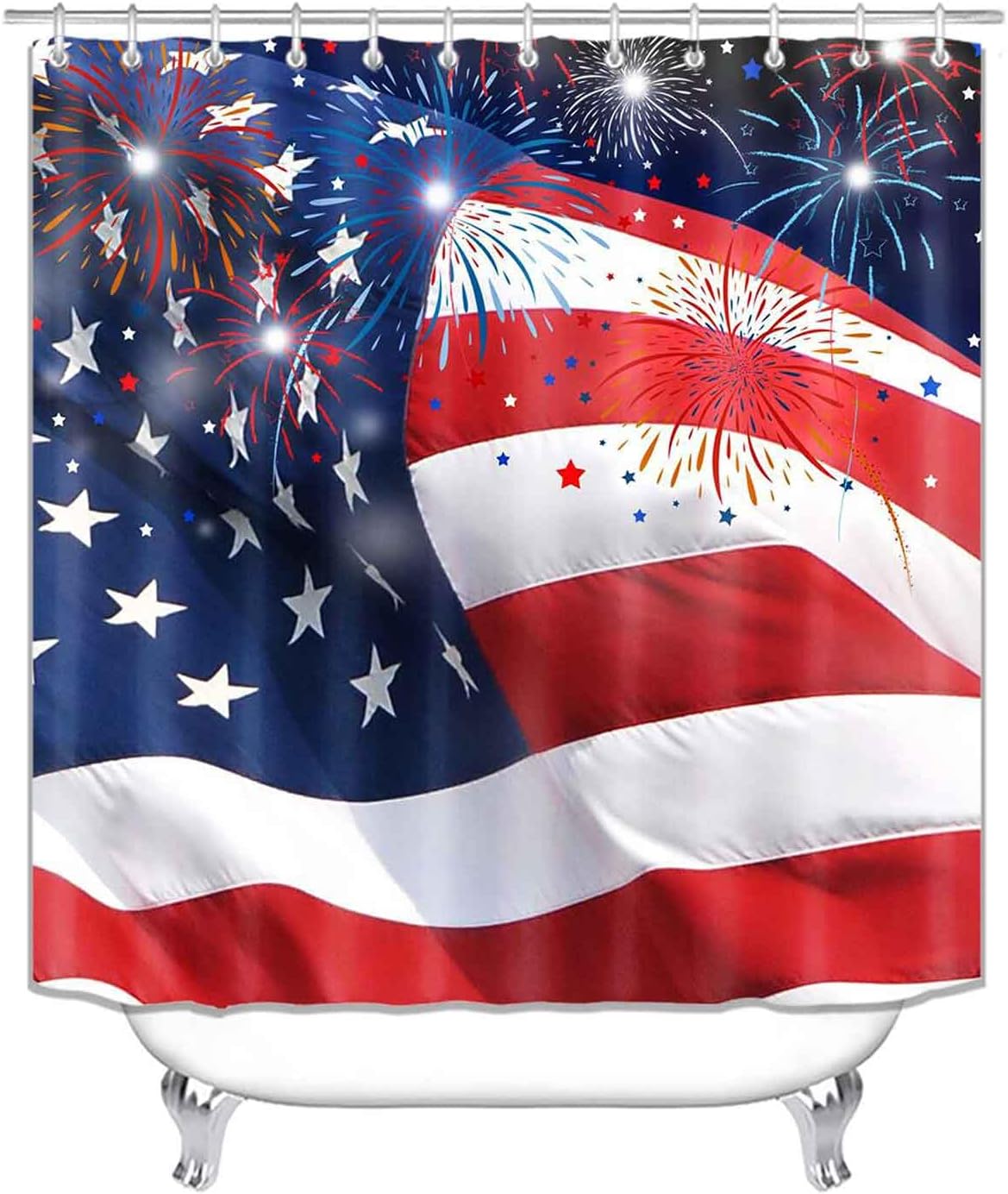 4PCS Independence Day Shower Curtain Set, Waterproof Fabric Shower Curtain, Non-Slip Bath Mat Bathroom Rugs, USA American Flag 4th of July Memorial Day Fireworks Stars Patriotic Bathroom Decor