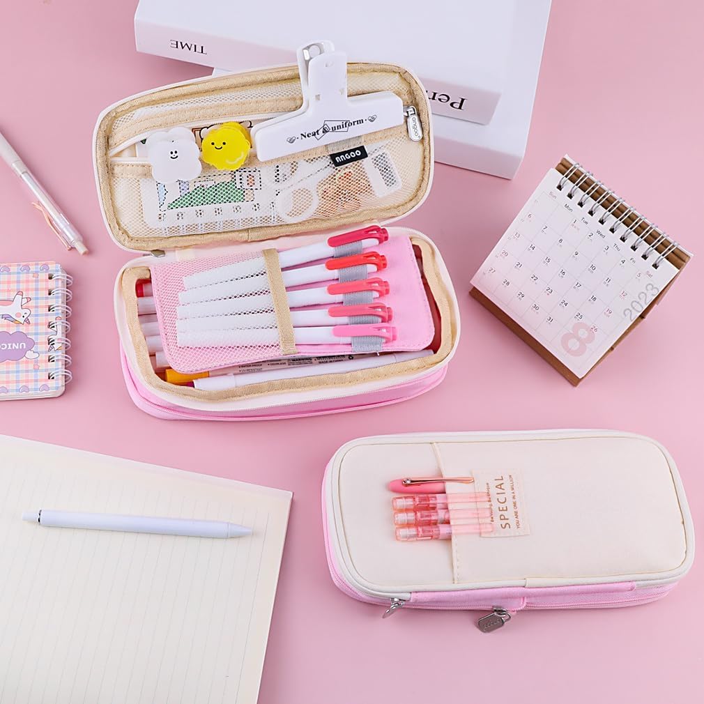 FASTUNBOX (LABEL) Large Capacity Pencil Case – Canvas Expandable 4-Compartment Organizer, Travel Makeup & Stationery Pouch with Zippered Base, Holds 50-60 Pens – Durable Gift Bag (Pink - Beige)