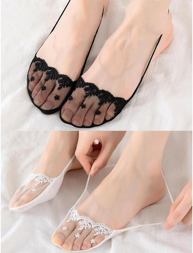 4 Pair Women No Show Socks Ultra Low Cut Liner Socks Lace Ice Silk Sling Back Toe Topper Sock Half Covers Non-Slip Grip Half Sock for Heels Dress Sneakers Flats Pumps Loafers Character Shoes - Image 6