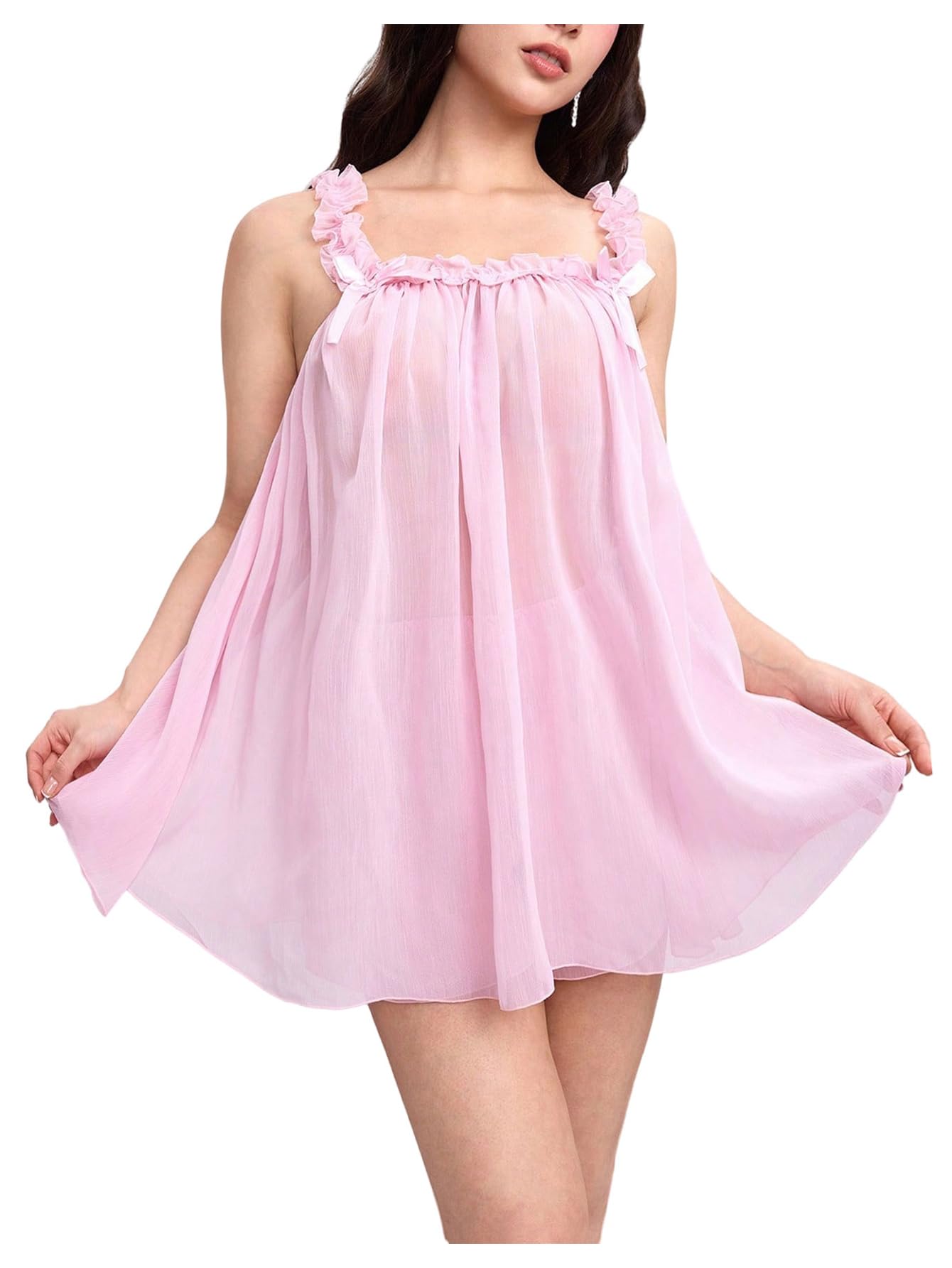 MakeMeChic Women's 2 Piece Sexy Lingerie Dress Set Bow Babydoll Nightgown