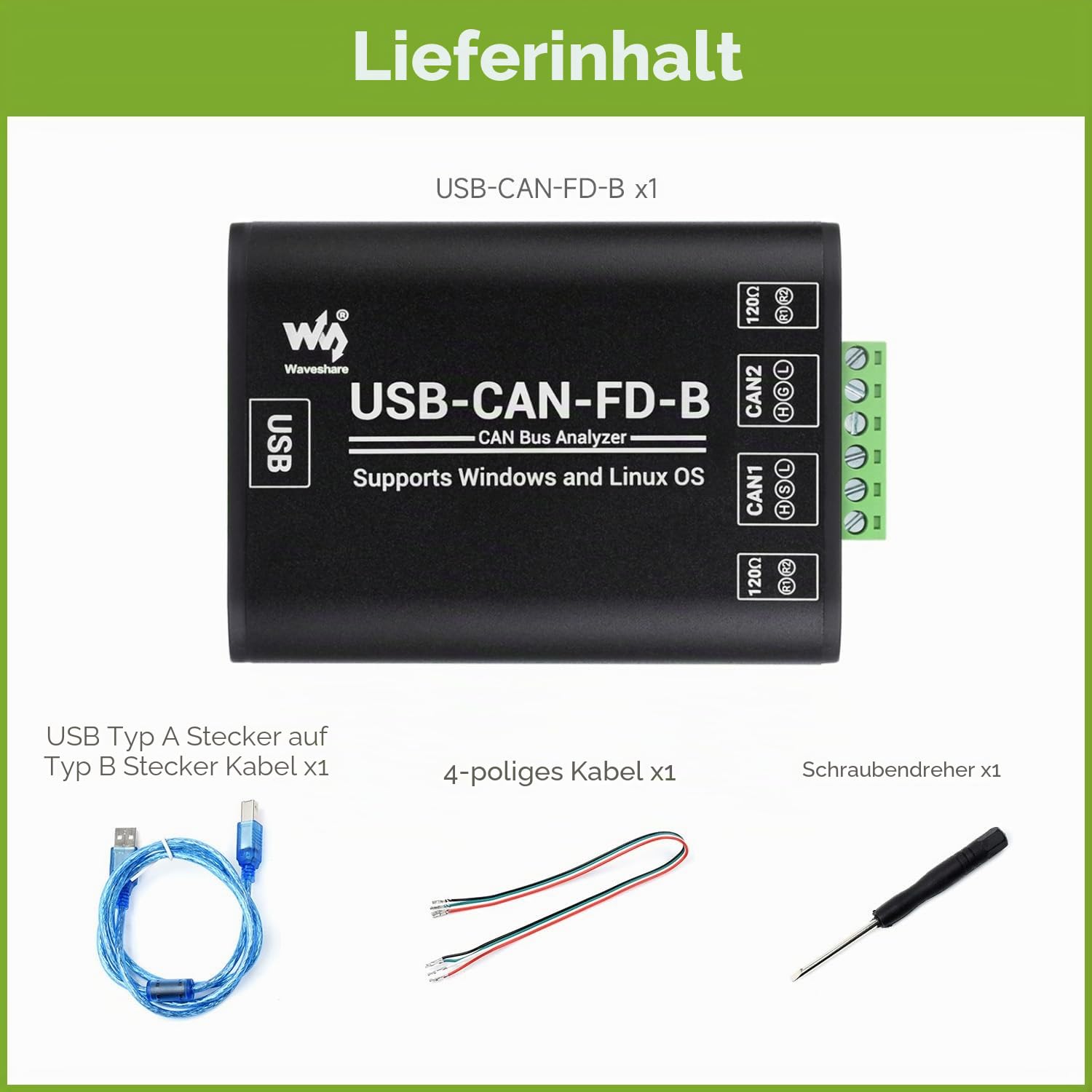 Waveshare Industrial Grade CAN/CAN FD Bus Data Analyzer, USB to CAN FD Adapter, CAN/CAN FD Bus Communication Interface Card, CAN/CAN FD Protocol Data Analyzer, Support Windows and Linux