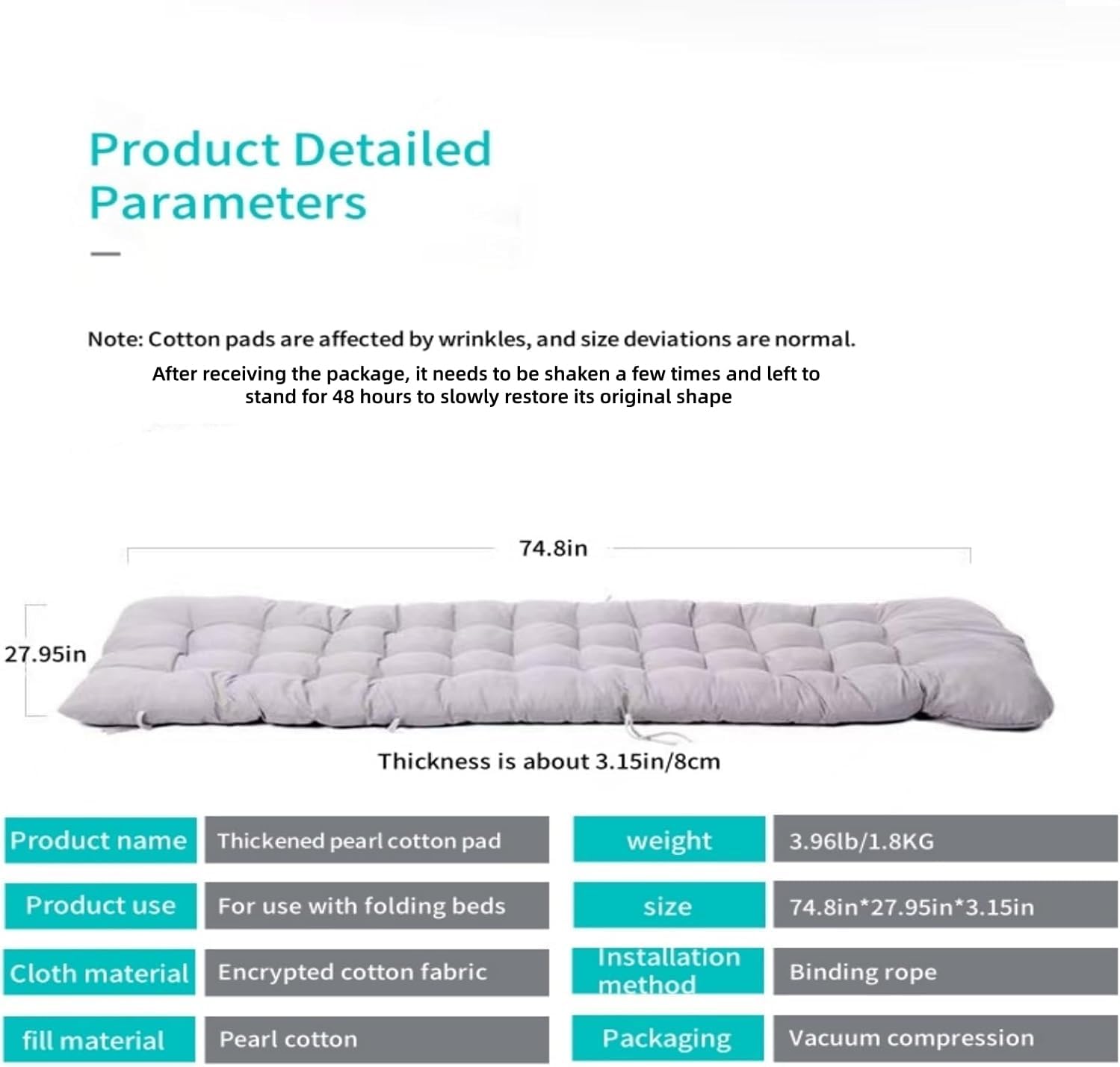Rest Cotton pad, Length 75" * Width 28"* Thickness 3", Velvet and Pearl Cotton Filling, Soft and Breathable, Suitable for Folding beds, Balconies, Cars, Outdoor Tents, etc