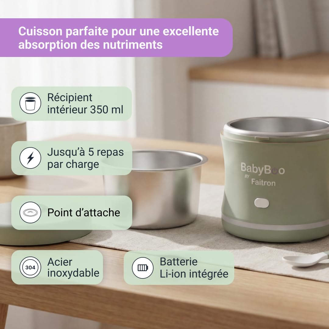 BabyBoo Chauffe-nourriture portable – Chauffe nourriture pour bébés avec batterie, contrôle via application, chauffage rapide 70 W, anneau LED, jusqu'à 45 °C, bac amovible, USB-C