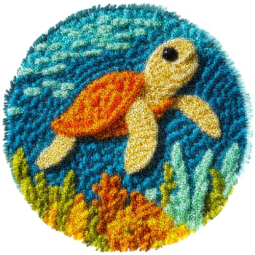 Latch Hook Mini Rug Kit Cute Baby Sea Turtle Swiming Easy for Beginners Round Shape Carpet Crochet Yarn Craft DIY Hook and Latch Little Tapestry for Home Decor 30x30cm