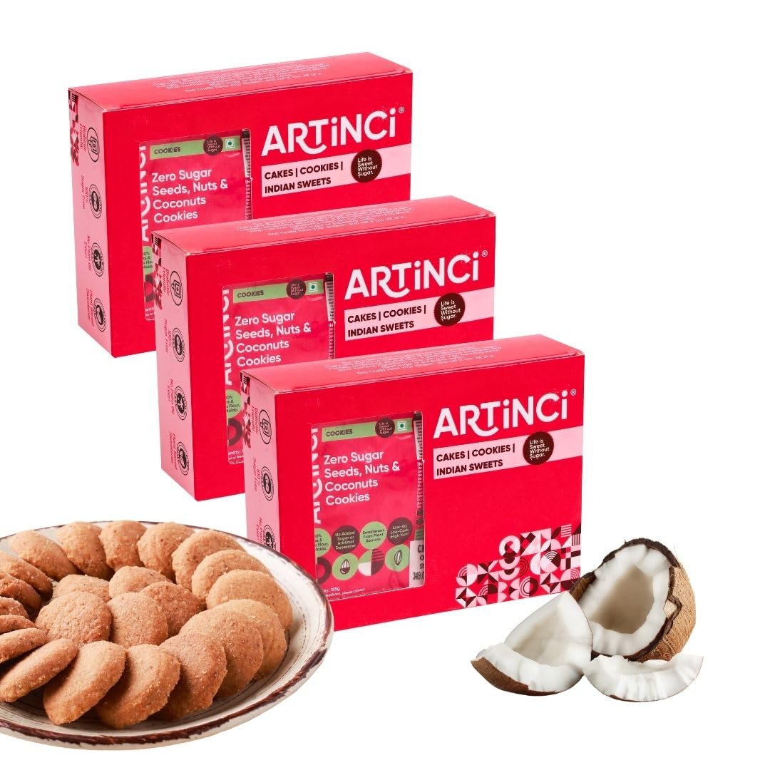 Artinci Coconut Cookies (185g x Pack of 3), Sugar Free Biscuits for Diabetic Patients, No Maida, No Palm Oil, Keto Friendly & Low Carb Digestive Biscuits, Healthy Snacks, As Seen on Shark Tank India