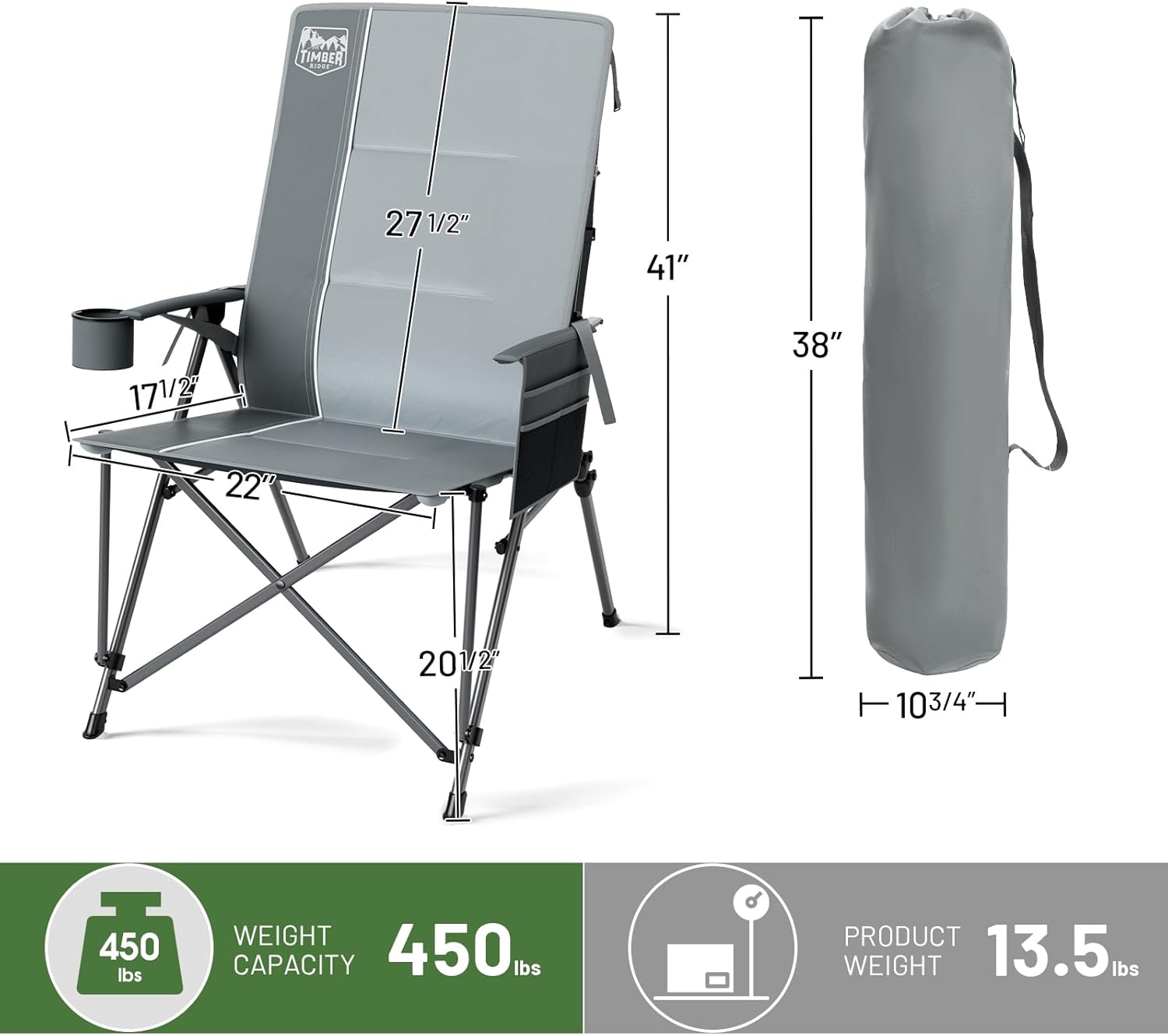 TIMBER RIDGE Oversized Camping Chair with Lumbar Support, Portable Folding Chair Heavy Duty for Adults Supports 450 LBS for Outdoor Camping Lawn, with High Back, Cup Holder, Side Pocket, Grey