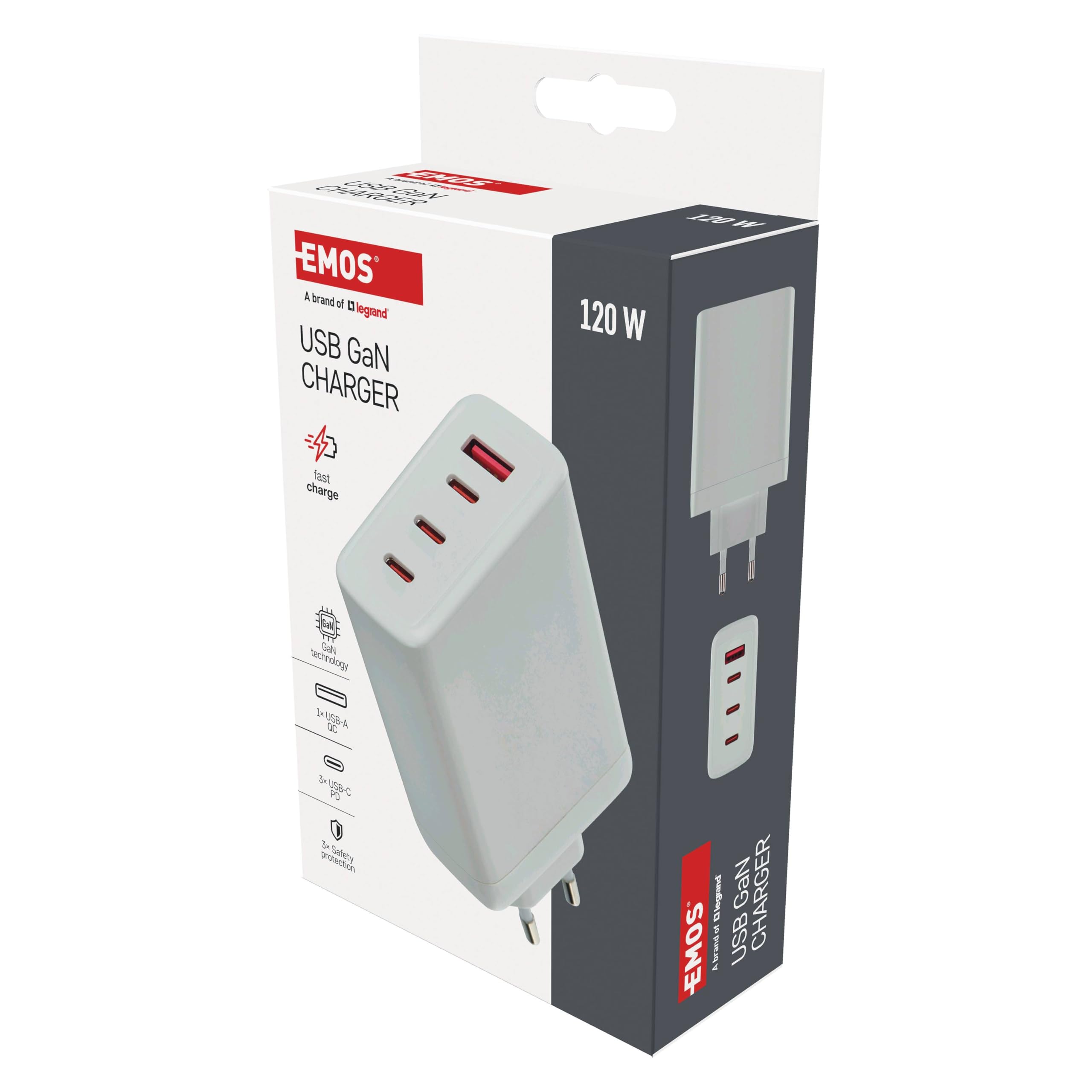 EMOS - Cargador USB-A/3xC PD 120W - Fuente de alimentación USB cuádruple con tecnología GaN - Adaptador europeo USB-C+A - Conector USB PowerDelivery de 120 W para teléfono móvil, tableta, portátil - 5