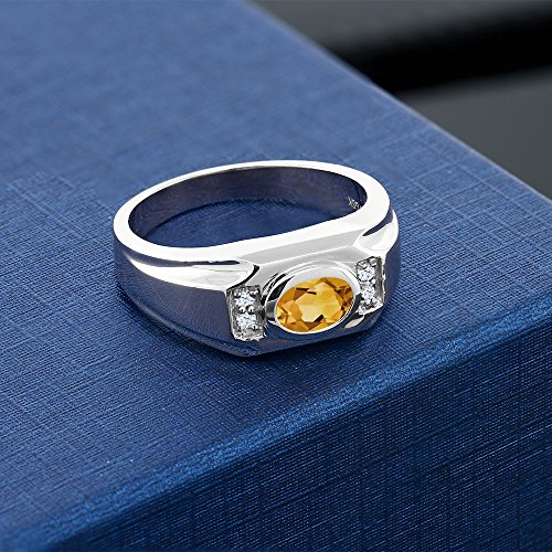 Gem Stone King Men's 925 Sterling Silver Yellow Citrine and White Created Sapphire Ring (1.41 Cttw, Gemstone November Birthstone, Oval 8X6MM, Available In Size 7, 8, 9, 10, 11, 12, 13)3