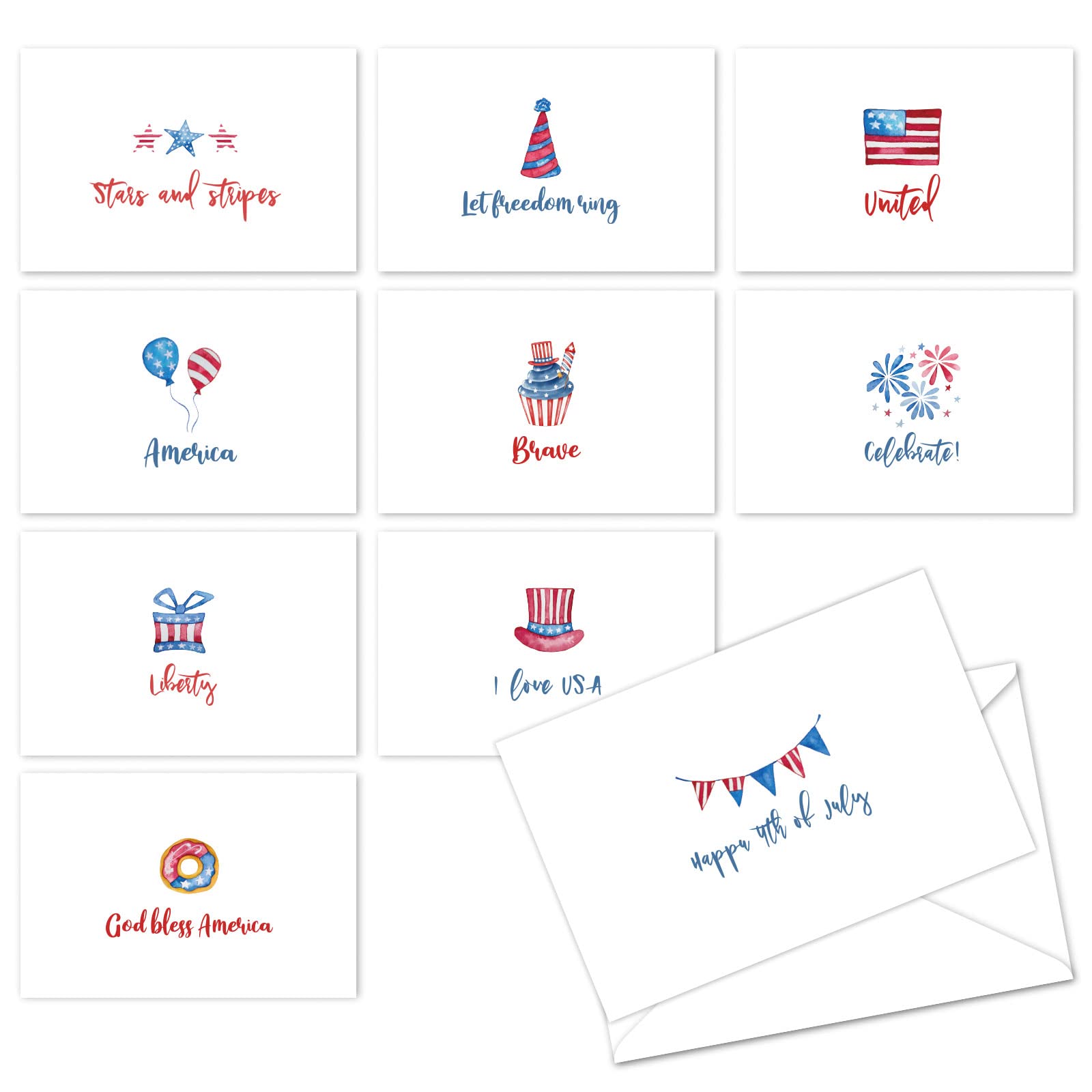 Whaline 30Pcs Patriotic Greeting Cards Watercolor 4th of July Note Card Star American Flag Firework Gift Cards with Envelops and Adhesive Stickers for