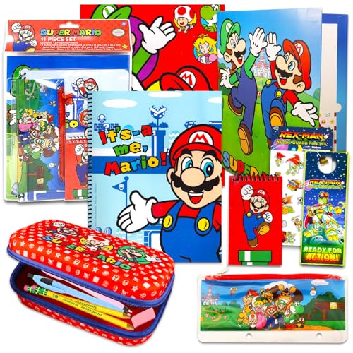 Super Mario School Supplies Set - Mario Stationery Bundle with Mario Pencil Case Mario Pencils Erasers Folders Stickers More | Mario School Supplies for Boys