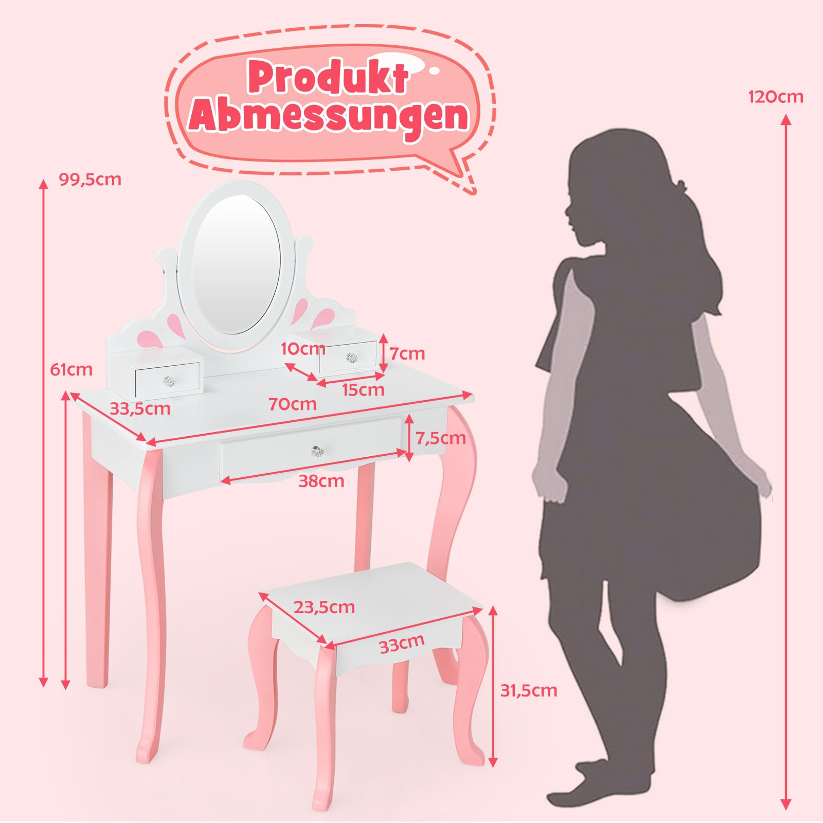 DREAMADE 2 in 1 Kinder Schminktisch mit Hocker & Abnehmbarer Spiegel, Prinzessin Frisiertisch Kosmetiktisch aus Holz, Kinderschminktisch mit 3 Schubladen für Kinder Mädchen ab 3 (Weiß)