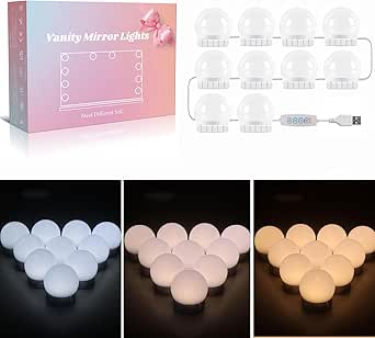 Akynite Hollywood Mirror Light 10 LED Bulbs with Adapter, 3 Colour Changing & 10 Brightness, Mirror Lamp USB with Switch and Cable, Mirror Lighting Dimmable for Dressing Table Cosmetic Mirror