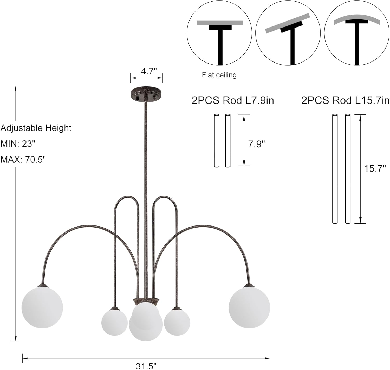 Sputnik Chandelier Brown,6 Lights Modern Chandelier for Dining Room Mid Century Chandelier Large L49” Ceiling Pendant Light Fixtures with Milk Glass Globe Shades for Foyer Living Room Kitchen Island