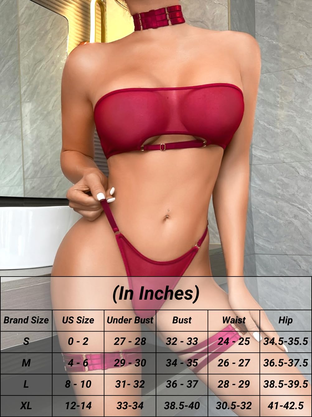 Kaei&Shi Sheer Mesh Lingerie Set, Sexy Bra And Panty 4PC, Strapless Choker