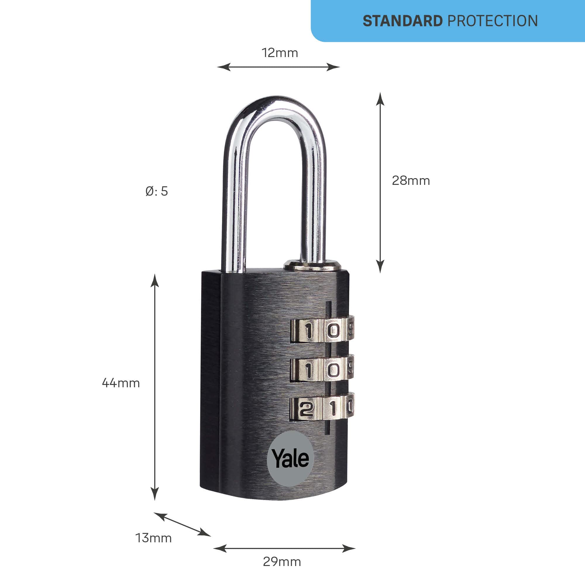 Yale Lucchetto in alluminio a combinazione YE3CB/28/126/1/BK nero, corpo 28mm, arco in acciaio, combinazione a 3 cifre