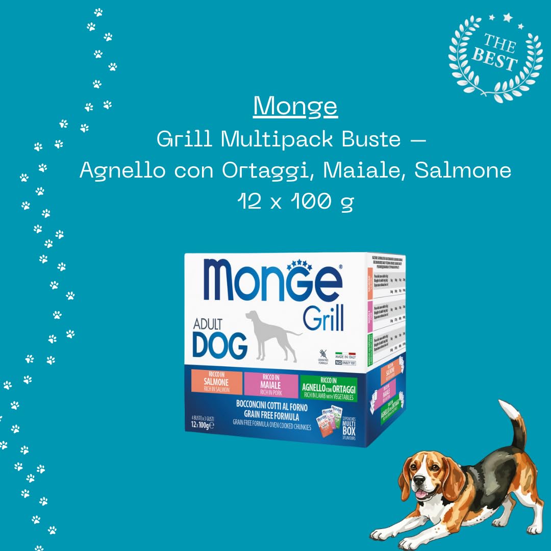 MONGE Cane Grill 2 Multipack di Buste – Agnello con Ortaggi, Maiale, Salmone | alimento umido per cani adulti di tutte le taglie, Made in Italy, senza cereali, 2 multipack di 12 bustine da 100 grammi.