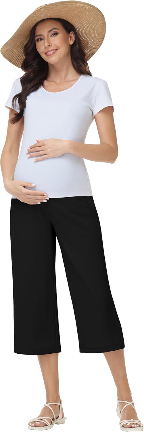 Maternity Capris Wide Leg Pants Over Belly Casual Palazzo Loose Pregnancy Cropped Trousers with Pockets