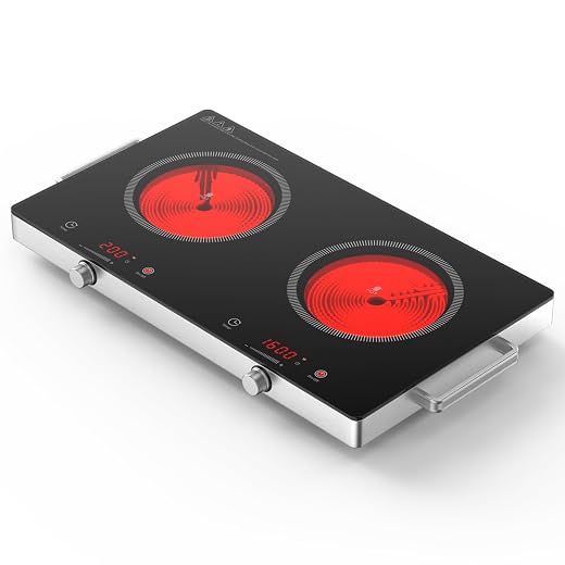 Infrared Double Burner Hot Plate,1800W Portable Electric Cooktop for 110-120V Outlet, Ceramic Glass Top, Knob & Touch Control, 9 Power Levels, Timer, Works with Any Cookware