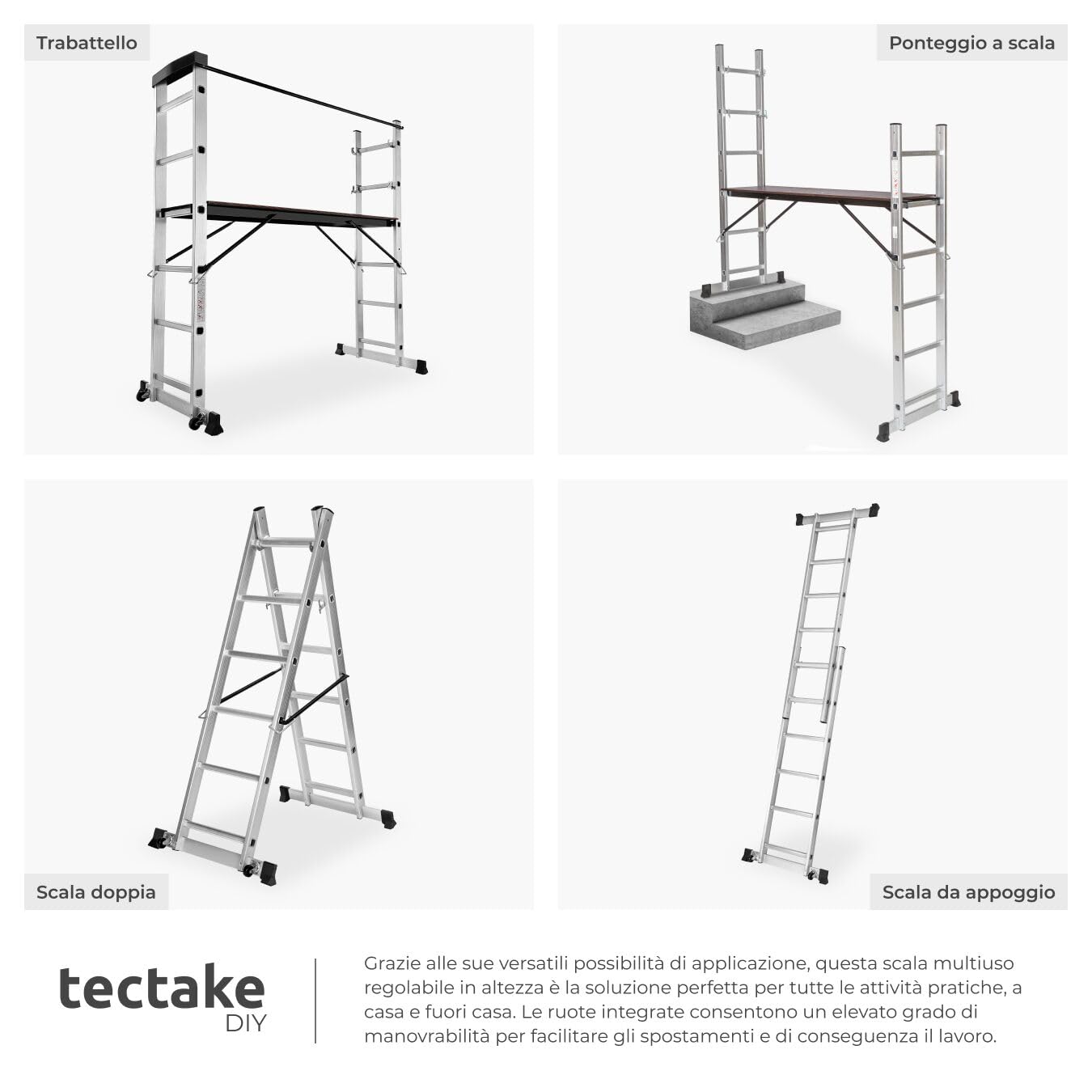 tectake® Scala Alluminio 4 in 1 Multifunzione con Piattaforma da Lavoro, Ponteggio da Lavoro con Ruote, Scala in Alluminio Pieghevole, Trabattello da Lavoro