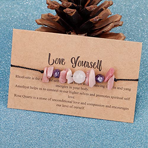 Yomlry Crystal Bracelet Anxiety Bracelet For Women Natural Stone Spiritual Bracelets For Women Handmade Healing Crystal Bracelet With Card Adjustable Rope-Love Yourself #TOP3